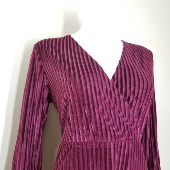 Velvet Burnout Striped Dress Plus Size Burgundy Empire Waist Maxi Cocktail Dress - Picture 6 of 12